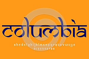 South American country Columbia name text design. Indian style Latin font design, Devanagari inspired alphabet, letters and