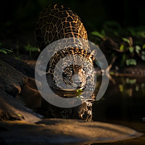 South American jaguar drinking from creek