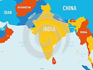 South Asia map - 4 bright color scheme. High detailed political map of southern asian region and Indian subcontinent