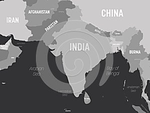 South Asia map - grey colored on dark background. High detailed political map of southern asian region and Indian