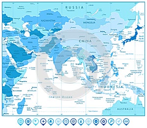 South Asia Map and Map Markers in Colors of Blue