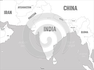South Asia map - white lands and grey water. High detailed political map of southern asian region and Indian