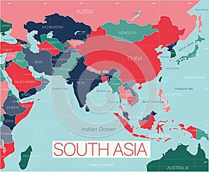 South Asia region detailed editable map
