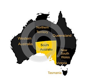 South Australia map vector silhouette illustration isolated on white background. Separated countries over Australia map.