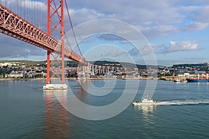 South bank of the Tagus river and the 25 de Abril Bridge of Lisbon, capital of Portugal