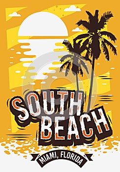 South Beach Miami Florida Summer Poster Design With Palm Trees Illustration And A Sunrise On The Beach.