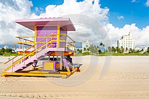 South beach in Miami with lifeguard hut in Art deco style