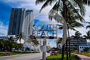 South Beach Miami Street Sign. A street sign marking South Beach, Miami. With palm tree against the background of a