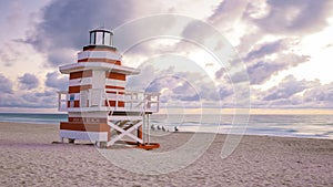 South Beach Miamia Florida, beach hut lifeguard hut during sunset