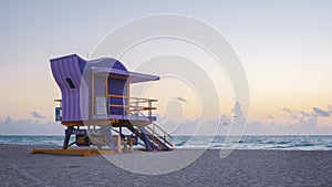 South Beach Miamia Florida, beach hut lifeguard hut during sunset