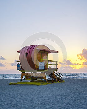 South Beach Miamia Florida, beach hut lifeguard hut during sunset