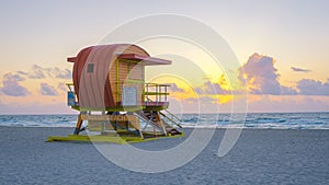 South Beach Miamia Florida, beach hut lifeguard hut during sunset