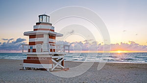 South Beach Miamia Florida, beach hut lifeguard hut during sunset