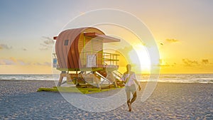 South Beach Miamia Florida, beach hut lifeguard hut during sunset