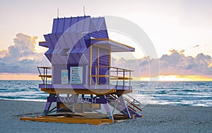 South Beach Miamia Florida, beach hut lifeguard hut during sunset