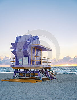 South Beach Miamia Florida, beach hut lifeguard hut during sunset