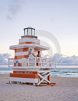 South Beach Miamia Florida, beach hut lifeguard hut during sunset