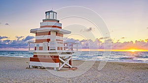 South Beach Miamia Florida, beach hut lifeguard hut during sunset