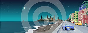 South beach at night flat color vector illustration