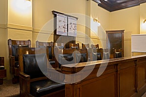 Leather and Wood Chairs of the Jury Box in a Courtroom in the Pacific County Courthouse in South Bend, Washington, USA