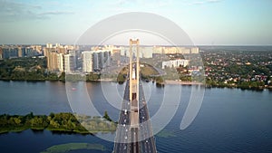 South bridge across the Dnieper in Kiev. Ukraine. Video from drone Traffic.