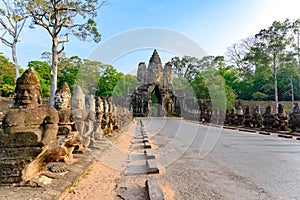 South Bridge and Tower to Angkor Thom, Cambodia. Angkor Thom was the last and most enduring capital city of the Khmer empire.