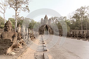 South Bridge and Tower to Angkor Thom, Cambodia. Old photo style