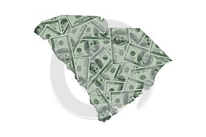 South Carolina Map Outline and United States Money Concept, Hundred Dollar Bills