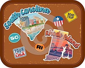 South Carolina, Rhode Island travel stickers with scenic attractions