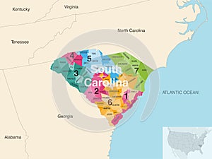 South Carolina state counties colored by congressional districts vector map with neighbouring states and terrotories