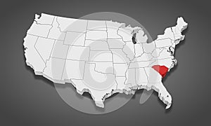 South Carolina State Highlighted on the United States of America 3D map. 3D Illustration