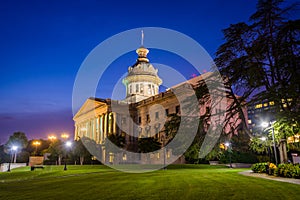 The South Carolina State House in at night, in Columbia, South C