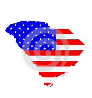 South Carolina state map vector silhouette illustration. United States of America flag over South Carolina map. USA.
