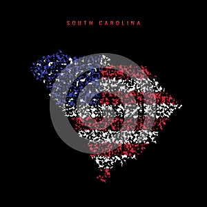 South Carolina US state flag map, chaotic particles pattern in the american flag colors. Vector illustration
