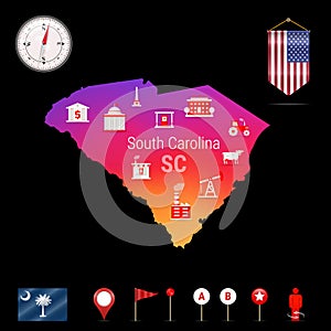South Carolina Vector Map, Night View. Compass Icon, Map Navigation Elements. Pennant Flag of the USA. Industries Icons