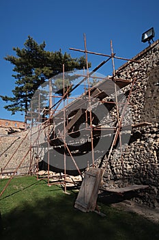South castle wall of Nitra castle, Slovakia, with scaffolding installed during restoration.
