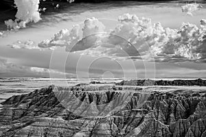 South Dakota Badlands Rugged Terrain and Sky Black and White