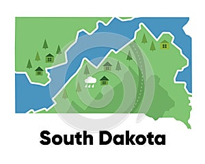 South Dakota map shape United states America green forest hand drawn cartoon style with trees travel terrain