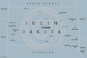 South Dakota, SD, gray political map, US state, The Mount Rushmore State