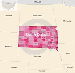 South Dakota state counties vector map with neighbouring states and terrotories