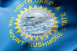 South Dakota State Flag in the wind. A close up