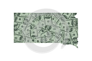 South Dakota State Map Outline and United States Money Concept, Hundred Dollar Bills