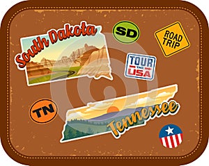 South Dakota, Tennessee travel stickers with scenic attractions
