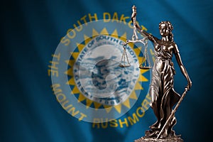 South Dakota US state flag with statue of lady justice and judicial scales in dark room. Concept of judgement and punishment