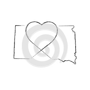South Dakota US state hand drawn pencil sketch outline map with the handwritten heart shape. Vector illustration