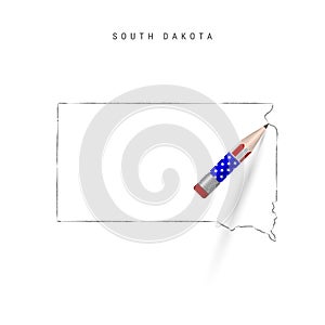 South Dakota US state vector map pencil sketch. South Dakota outline map with pencil in american flag colors