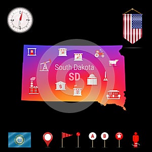 South Dakota Vector Map, Night View. Compass Icon, Map Navigation Elements. Pennant Flag of the USA. Industries Icons