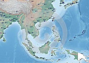 South East Asia continent Illustration with the Airports