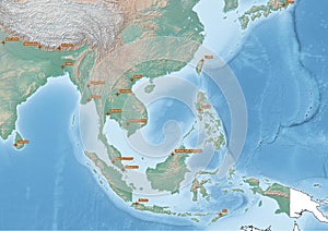 South East Asia continent Illustration with the capitals of the countries