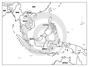 South East Asia political map. Black outline on white background with black country name labels. Simple flat vector